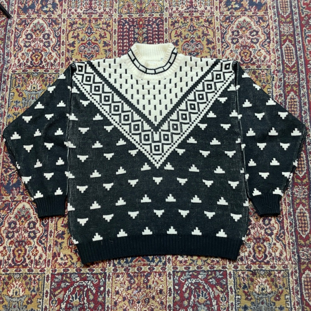 Bask Sweater Black White‎ Geometric Fair Isle Knit Pullover Size L Fall 1989